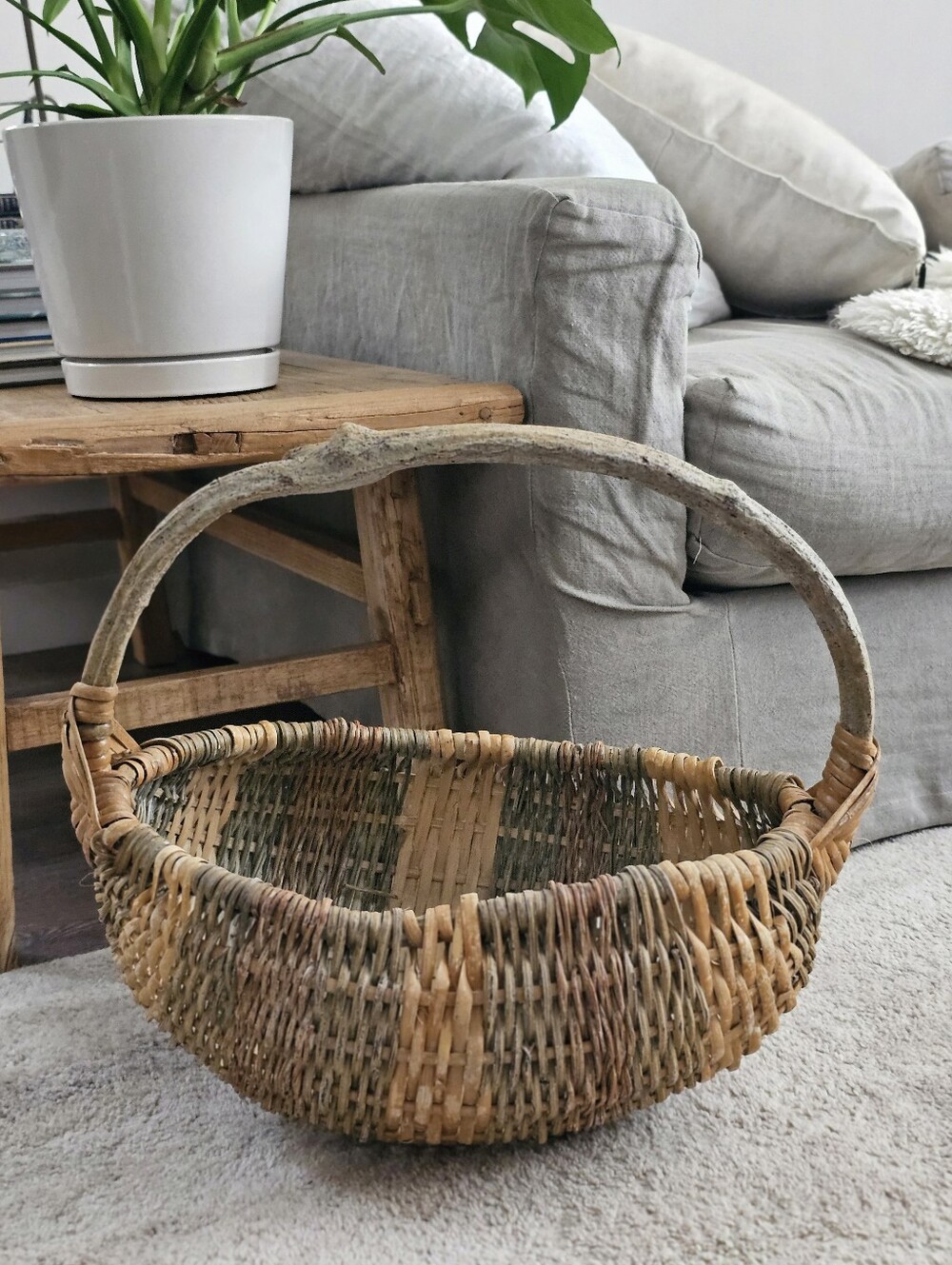 Vintage 1980s Gathering Butt Basket With Bentwood Handle